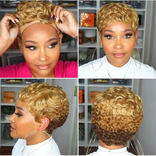 Short Pixie Cut Wig Perruques Courtes Pour Femmes Noires Perruque Fabriquée Machine Perruques Pour Femmesperruque Ondulée Doigts Perruque Ondulée Coupée Pixie Perruque Sans Colle Blond 4 Inch