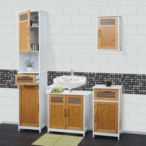 Meubles De Salle De Bain Hwc-A85, Armoire Haute, Meuble Sous Évier, Armoire Suspendue, Commode, Bambou, Blanc
