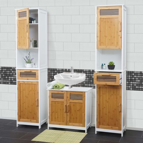 Meubles De Salle De Bain Hwc-A85, 2x Armoire Haute, Meuble Sous Évier, Bambou, Blanc