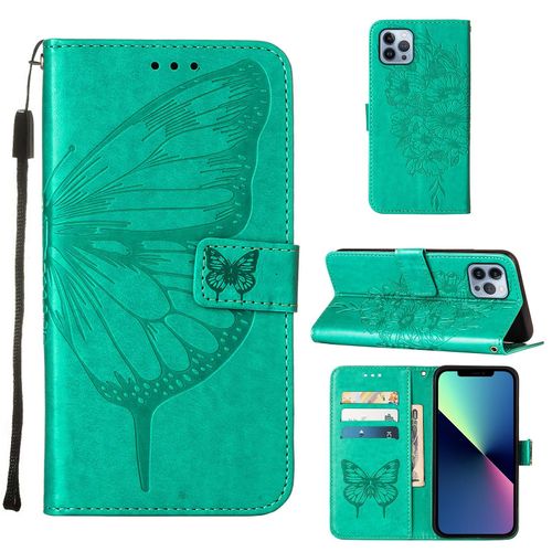 Coque Iphone 13 Pro Max, Etui Pour Téléphone De Style Portefeuille Iphone 13 Pro Max, Etui À Rabat En Cuir Pu Gaufré À Fleurs Papillon, Adapté À L'étui Pour Téléphone Iphone 13 Pro Max(Vert)
