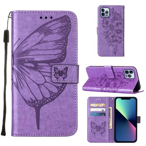 Coque Iphone 13 Pro Max, Etui Pour Téléphone De Style Portefeuille Iphone 13 Pro Max, Etui À Rabat En Cuir Pu Gaufré À Fleurs Papillon, Adapté À L'étui Pour Téléphone Iphone 13 Pro Max(Violet)