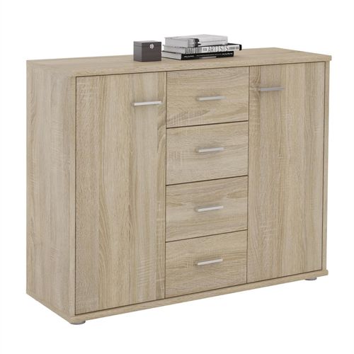 Buffet Elodie, Commode Meuble De Rangement Avec 4 Tiroirs Et 2 Portes, En Mélaminé Décor Chêne Sonoma