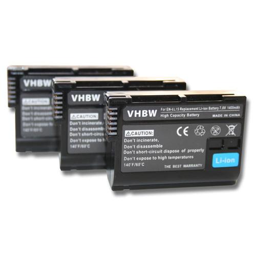 vhbw 3x Batteries compatible avec Nikon D7200, D750, D7500, D780, D800 appareil photo, reflex numérique (1400mAh, 7V, Li-ion) avec puce d'information