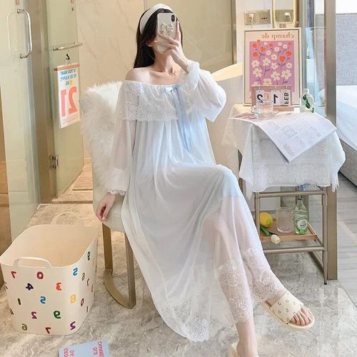 Robe De Nuit Victorienne Vintage Pour Femmes,Vêtements De Nuit Princesse,Maille Douce,Dentelle Sexy,Manches Longues,Peignoir,Nickel É