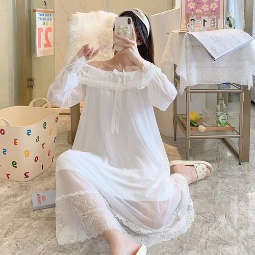 Robe De Nuit Victorienne Vintage Pour Femmes,Vêtements De Nuit Princesse,Maille Douce,Dentelle Sexy,Manches Longues,Peignoir,Nickel É