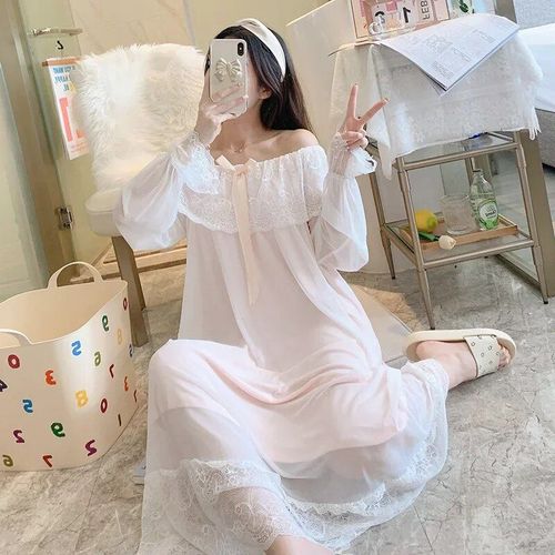 Robe De Nuit Victorienne Vintage Pour Femmes,Vêtements De Nuit Princesse,Maille Douce,Dentelle Sexy,Manches Longues,Peignoir,Nickel É