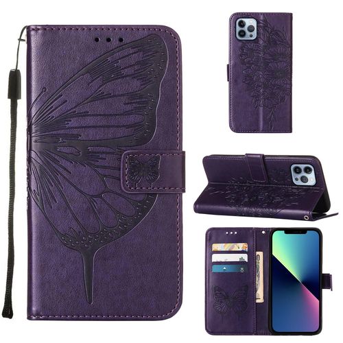 Coque Iphone 13 Pro Max, Etui Pour Téléphone De Style Portefeuille Iphone 13 Pro Max, Etui À Rabat En Cuir Pu Gaufré À Fleurs Papillon, Adapté À L'étui Pour Téléphone Iphone 13 Pro Max(Violet Foncé)