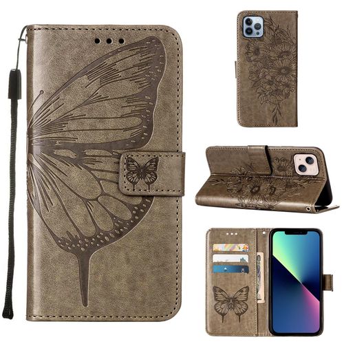 Coque Iphone 13 Mini, Etui Pour Téléphone De Style Portefeuille Iphone 13 Mini, Etui À Rabat En Cuir Pu Gaufré À Fleurs Papillon, Adapté À L'étui Pour Téléphone Iphone 13 Mini(Gris)