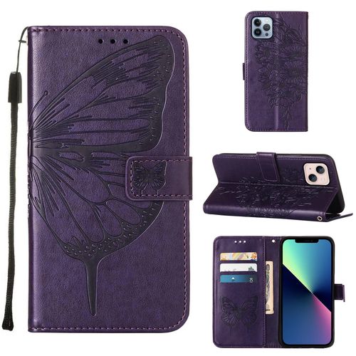 Coque Iphone 13 Mini, Etui Pour Téléphone De Style Portefeuille Iphone 13 Mini, Etui À Rabat En Cuir Pu Gaufré À Fleurs Papillon, Adapté À L'étui Pour Téléphone Iphone 13 Mini(Violet Foncé)