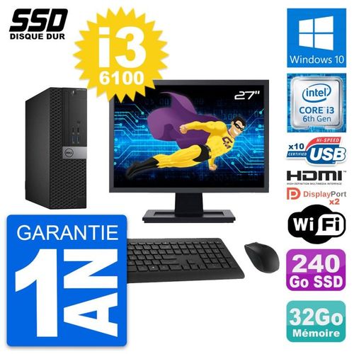 PC Dell 5040 SFF Ecran 27" Intel i3-6100 RAM 32Go SSD 240Go HDMI Windows 10 Wifi