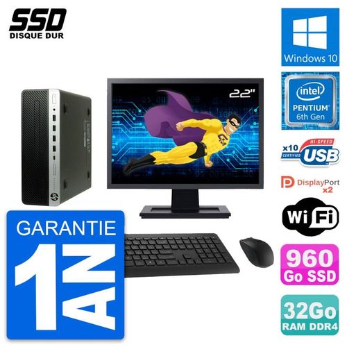 PC HP ProDesk 600 G3 SFF Ecran 22" G4400 RAM 32Go SSD 960Go Windows 10 Wifi