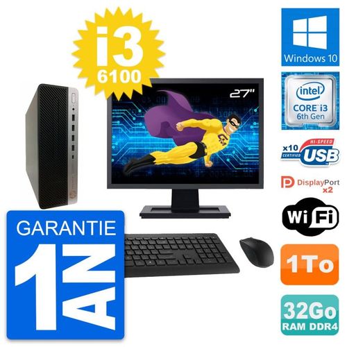 PC HP 600 G3 SFF Ecran 27" Intel i3-6100 RAM 32Go Disque Dur 1To Windows 10 Wifi