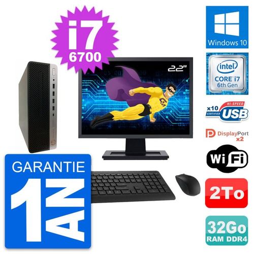 PC HP 600 G3 SFF Ecran 22" Intel i7-6700 RAM 32Go Disque Dur 2To Windows 10 Wifi