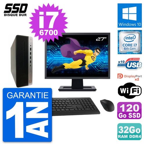 PC HP ProDesk 600 G3 SFF Ecran 27" i7-6700 RAM 32Go SSD 120Go Windows 10 Wifi