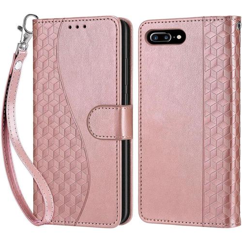 Ekone Coque Pour Iphone 7 Plus/Iphone 8 Plus, Housse Etui Portefeuille Cuir Multifonction, Fermeture Magnétique À Clapet Anti-Choc Compatible Avec Coque Iphone 7 Plus Book - Or Rose