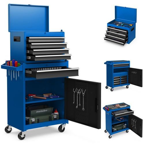 COSTWAY Servante Caisse à Outils 4 Tiroirs Compartiment Amovible Etagère Réglable Planche à Outils 4 Roues Verrouillables Bleu