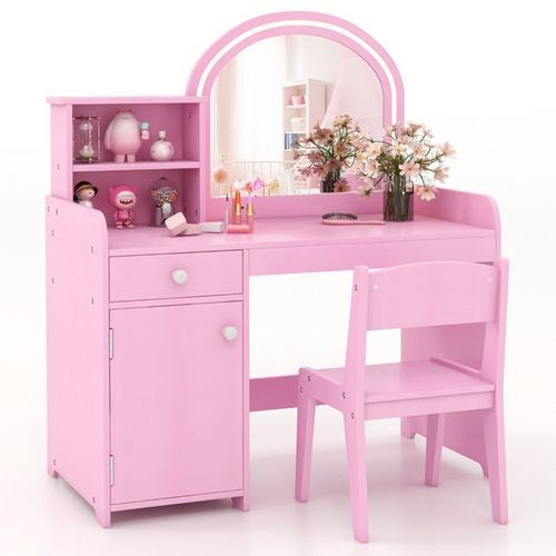 Costway Coiffeuse 2 En 1 Avec Chaise Pour Enfants Avec Miroir Et 120 Lumières Led, 2 Étagères Et Tiroir, Rose