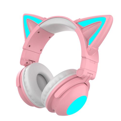 FFITYLE Casques d'écoute sans fil Bluetooth Casques de jeu Son stéréo, Oreillettes souples, Casques d'oreille de chat pour le voyage/le travail Rose