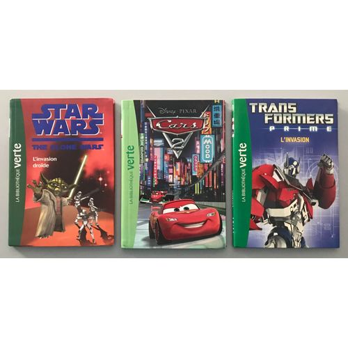 Lot De 3 Livres Bibliothèque Verte : Star Wars, Cars 2 , Transformer Prime