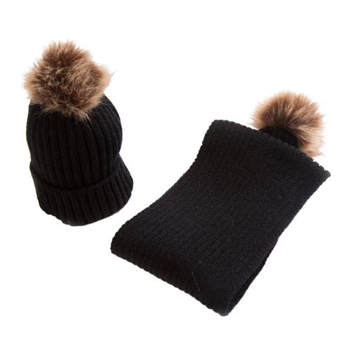 2pcs Bonnet De Ski Tricot En Laine Bébé Fille Garçon Et Echarpe Coup Vent Chaud Hiver Noir