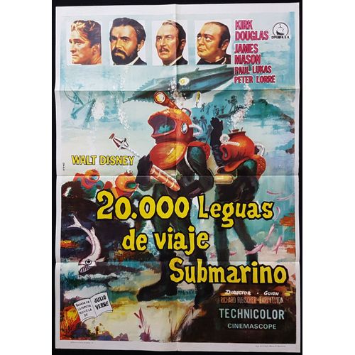 Vingt Mille Lieues Sous Les Mers - Film 1954 Walt Disney Réalisé Richard Fleischer Avec Kirk Douglas, James Mason, Peter Lorre - Affiche De Cinéma Espagnole 1967 - 99x70 Cm Movie Poster - Jules Verne