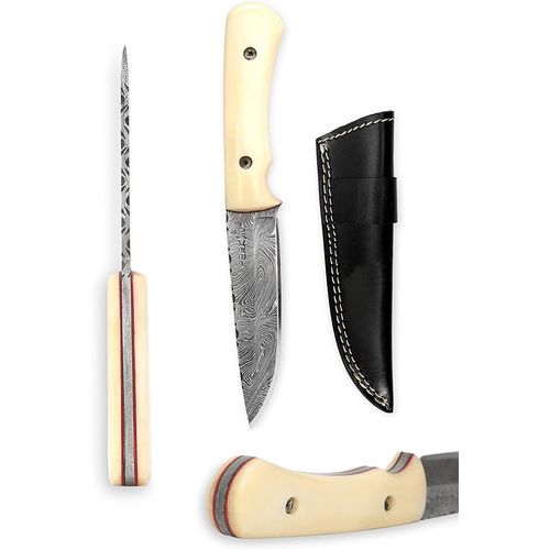 Couteau De Chasse Damas Avec Lame De 10,16 Cm Et Étui En Cuir