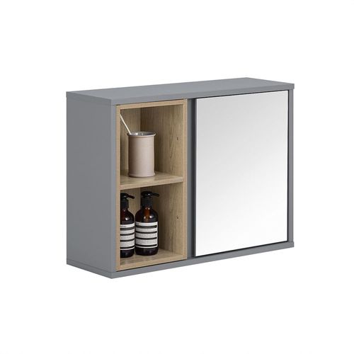 Sobuy Armoire Murale Avec Miroir Pour Salle De Bain, Placard De Rangement Suspendu, Meuble Haut Salle De Bain Avec Porte Et 2 Compartiments Ouverts, 60x20x45 Cm, Gris, Bzr149-Dg