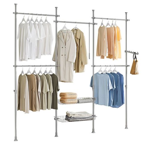 Sobuy Kls04-Hg Télescopique Garde-Robe Système De Penderie Télescopique Avec 5 Barres Portant De Vêtement, 2 Paniers, 1 Bras De Garde-Robe Latéral Et 1 Vêtement Fork - Largeur Et Hauteur Ajustable