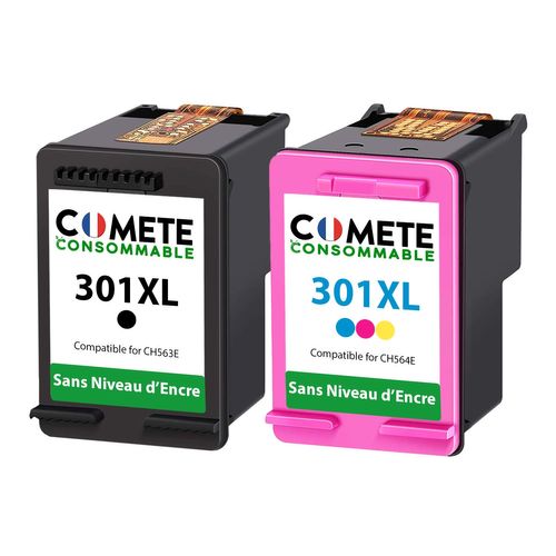 COMETE - 301XL Fabriqué en France -2 Cartouches d'encre Compatibles avec HP 301 XL - sans Affichage du Niveau d'encre (Noir + Couleur) - COMETE CONSOMMABLE