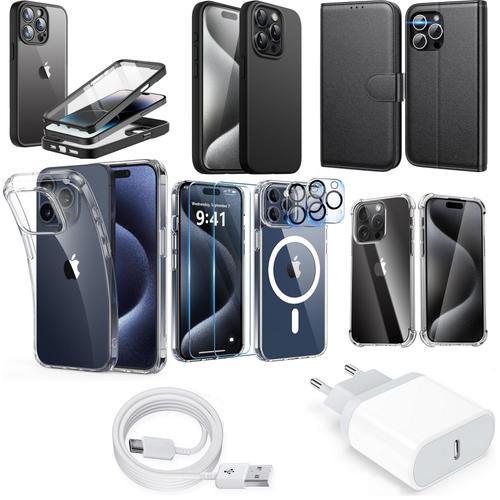 Kit 12 Accessoires Pour Iphone 15 Pro Max - 6x Coque + Chargeur Secteur + Cable + Verre Trempé Camera