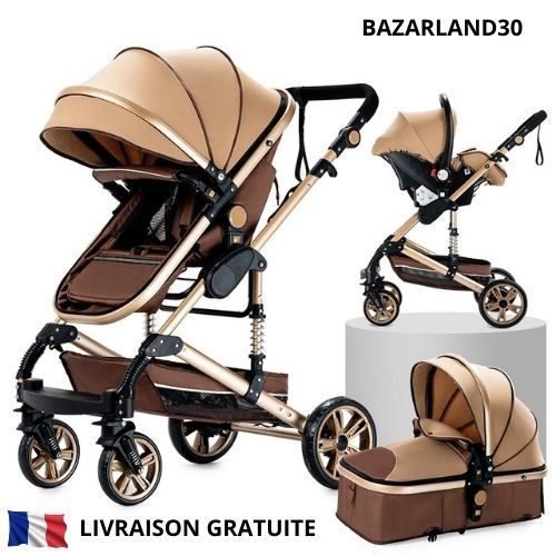Poussette 3 En 1 Bébé Combinée Siège-Auto Nacelle Réversible Réglable Haute Qualité Roues Increvables Canne Khaki