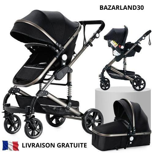 Poussette 3 En 1 Bébé Combinée Siège-Auto Nacelle Réversible Réglable - Roues Increvables Canne - Noir Et Argent