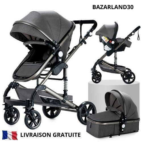 Poussette 3 En 1 Bébé Combinée Siège-Auto Nacelle Réversible Réglable - Roues Increvables Canne - Gris