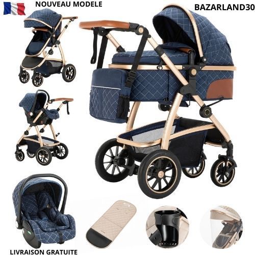 Poussette Luxueuse 3 En 1 Pour Bébé, Portable, Voyage, Pliable,  Cadre Aluminium, Pour Nouveau-Né. Bleu