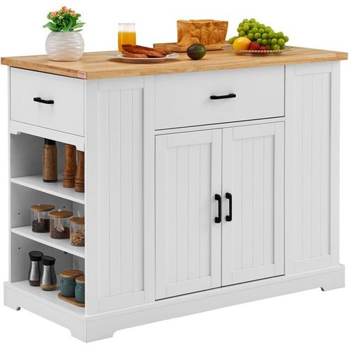 Chariot D'îlot De Cuisine-Vevor-1173 Mm-Desserte De Cuisine De Dessus En Bois Avec Armoire De Rangement-Blanc