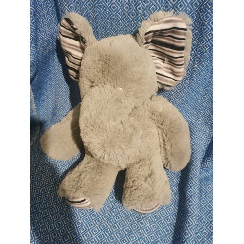 Doudou Peluche Éléphant Gris Oreilles Tissu Rayé Tom & Kiddy Bisous D'ange