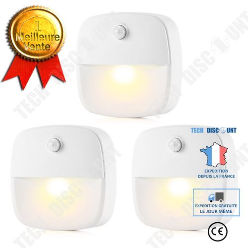 Lot De 3 Veilleuse Led, Lampe De Nuit Murale Autocollante Avec Détecteur De Mouvement Et Capteur De Lumière, Blanc Chaud