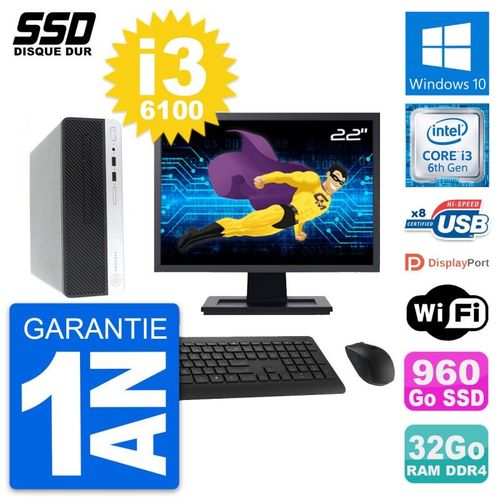 PC HP ProDesk 400 G4 SFF Ecran 22" i3-6100 RAM 32Go SSD 960Go Windows 10 Wifi