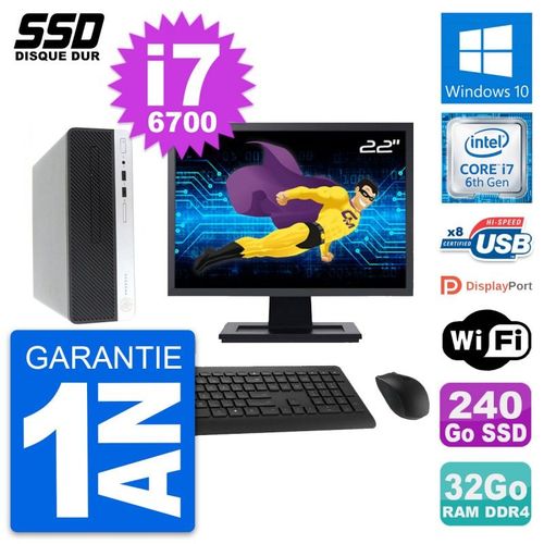 PC HP ProDesk 400 G4 SFF Ecran 22" i7-6700 RAM 32Go SSD 240Go Windows 10 Wifi