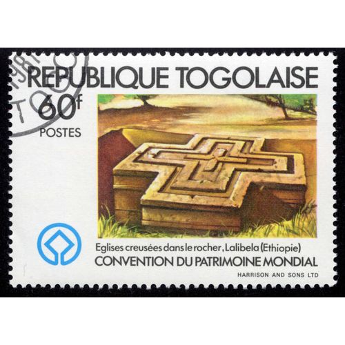 Timbre Églises Creusées Dans Le Rocher,Lalibela,Éthiopie,Convention Du Patrimoine Mondial,République Togolaise,60f,Postes