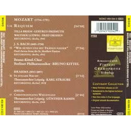 Wolfgang Amadeus Mozart Requiem K 626 J.S Bach Passion Selon Saint-Matthieu Bwv 244 Brahms Choeur Par Walther Ludwig Tilla Briem Drissen Freimuth Bruno Kittel Chor Berliner Philharmoniker Bruno Kittel