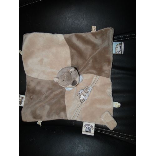 Doudou Carré Plat Marron Beige Ecureuil Léon Train Brodé Land Noukie'S