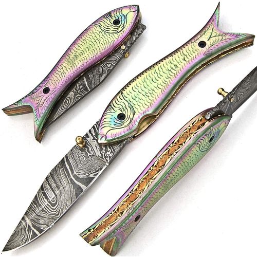 Couteau De Poche Pliant Avec Lame De 8 Cm En Acier Damas Gris Poisson