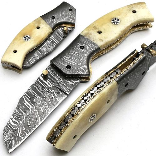 Couteau De Poche Pliant Avec Lame De 8 Cm En Acier Damas Gris Jaune