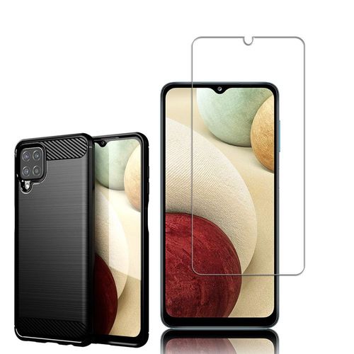 Coque Silicone Tpu Pour Samsung Galaxy A12 Nacho 6.5" Fibre De Carbone Brossé - Noir + 1 Film Verre Trempé - Transparent