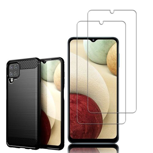 Coque Silicone Tpu Pour Samsung Galaxy A12 Nacho 6.5" Fibre De Carbone Brossé - Noir + 2 Films Verre Trempé - Transparent