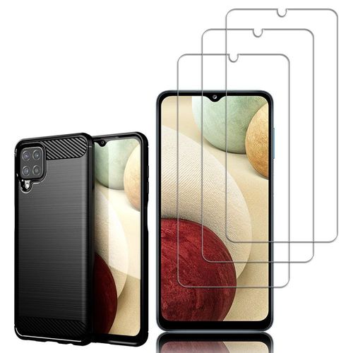 Coque Silicone Tpu Pour Samsung Galaxy A12 Nacho 6.5" Fibre De Carbone Brossé - Noir + 3 Films Verre Trempé - Transparent
