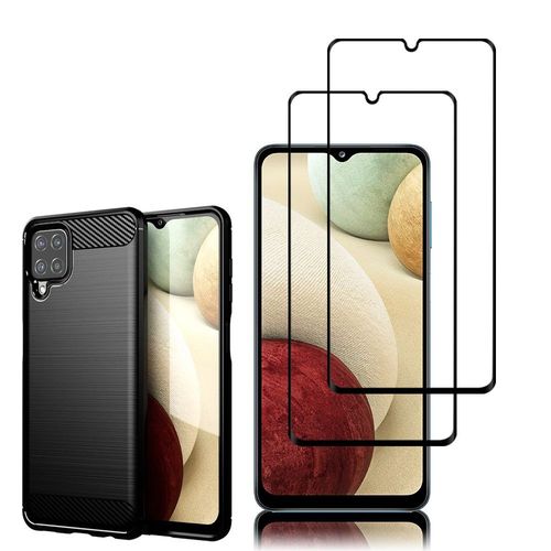 Coque Silicone Tpu Pour Samsung Galaxy A12 Nacho 6.5" Fibre De Carbone Brossé - Noir + 2 Films Verre Trempé - Noir