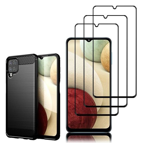Coque Silicone Tpu Pour Samsung Galaxy A12 Nacho 6.5" Fibre De Carbone Brossé - Noir + 3 Films Verre Trempé - Noir