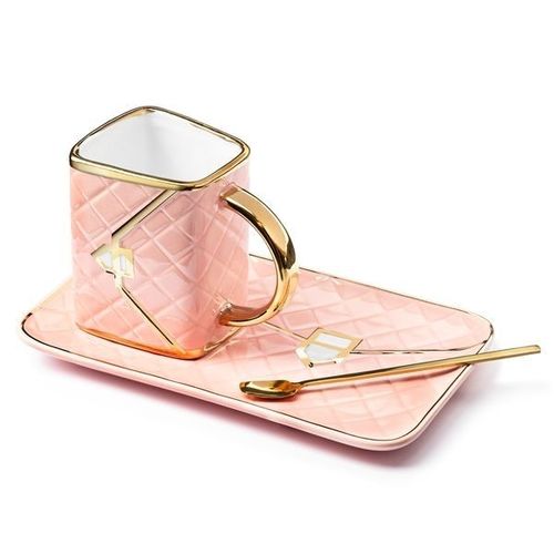 Tasse Sac À Main Avec Assiette Cuillere Mug Matelassé Rose Et Doré